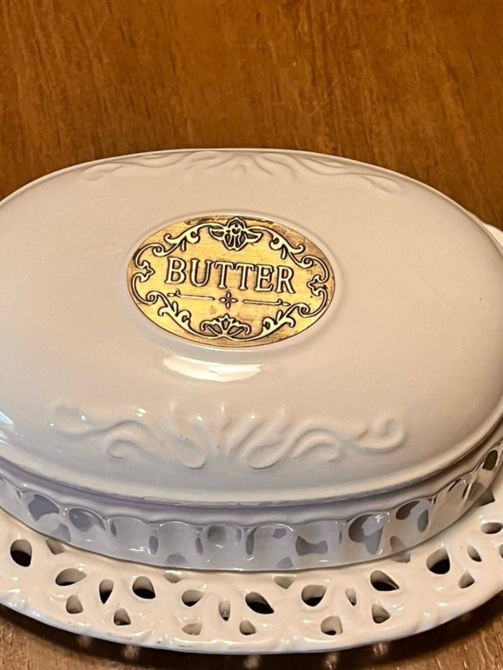 Vintage THL French Cottage Oval Butter Dish with Bronze Badge & Lattice Edging